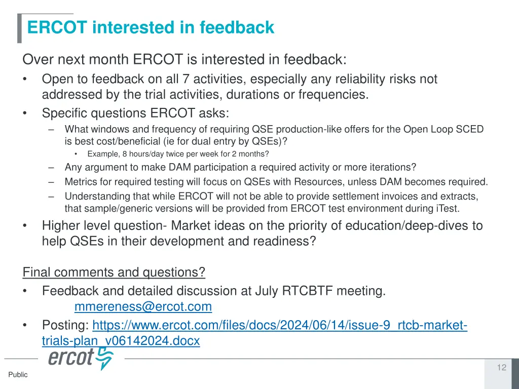 ercot interested in feedback