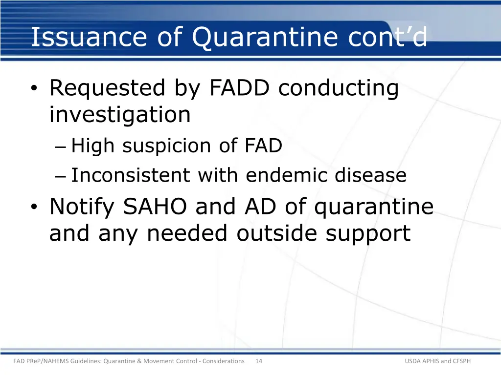 issuance of quarantine cont d