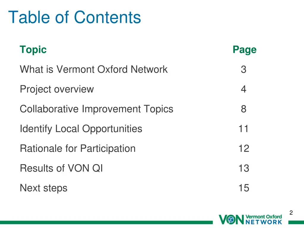 table of contents