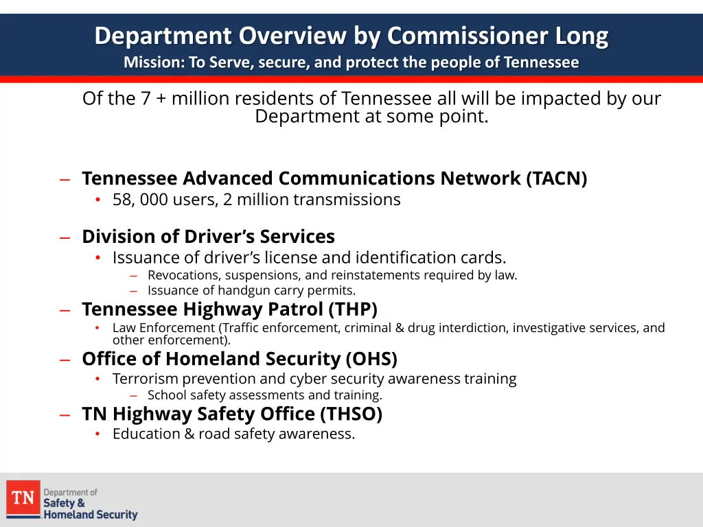 department overview by commissioner long mission