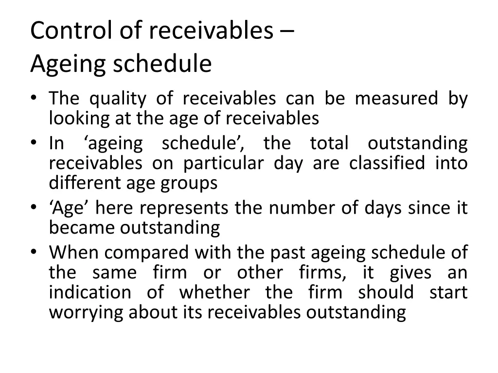 control of receivables ageing schedule