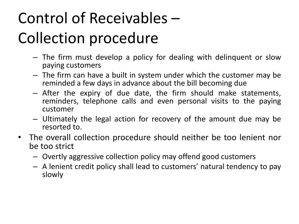 control of receivables collection procedure