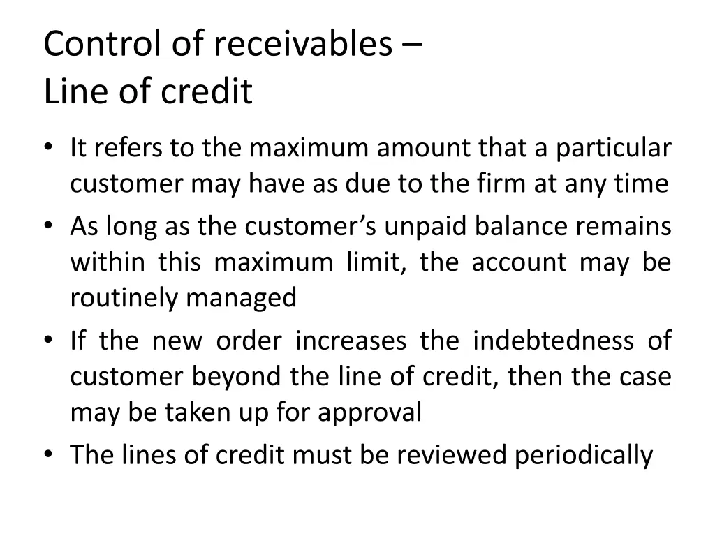 control of receivables line of credit