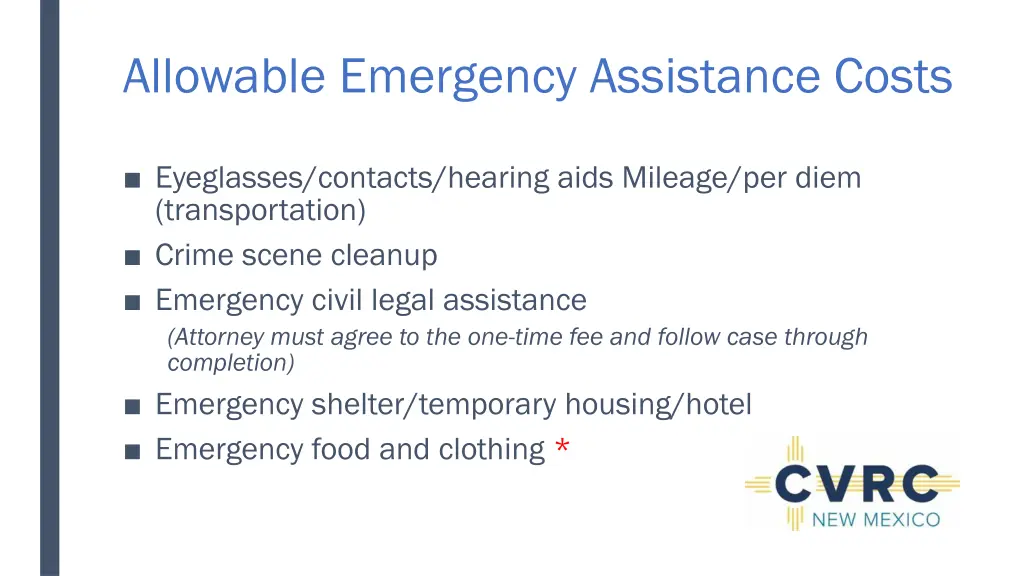 allowable emergency assistance costs 1