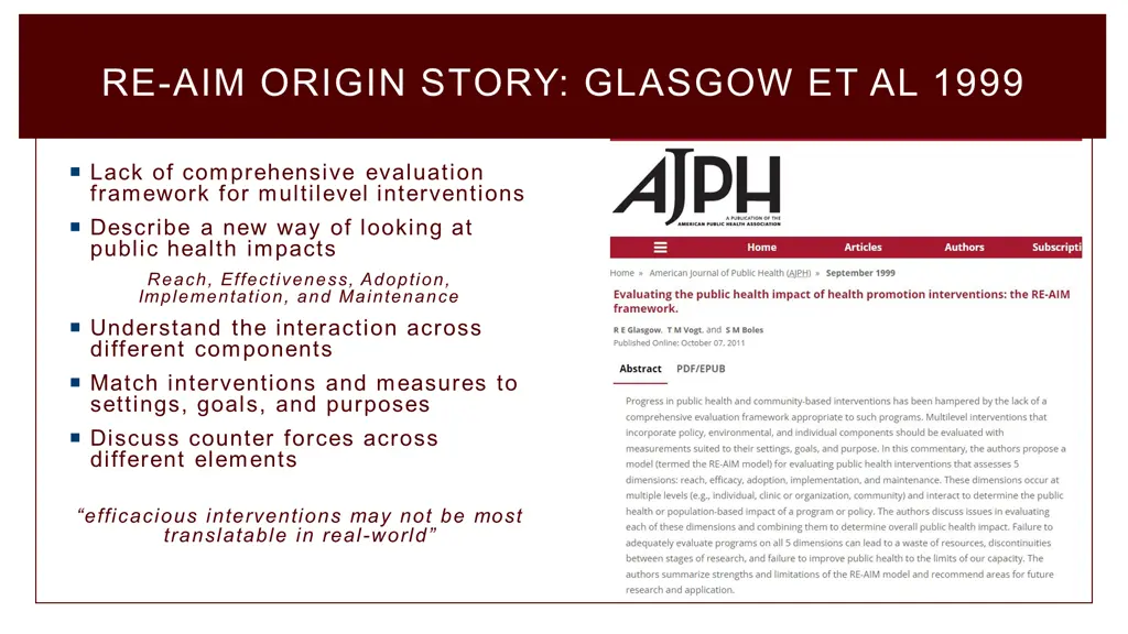 re aim origin story glasgow et al 1999