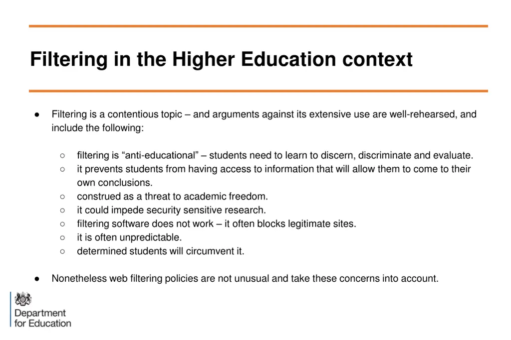 filtering in the higher education context