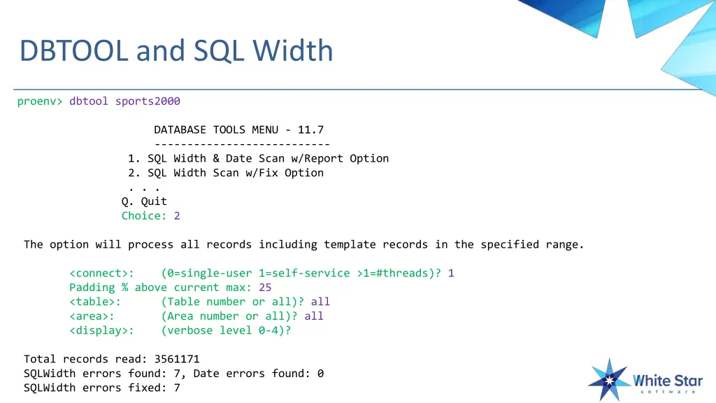 dbtool and sql width