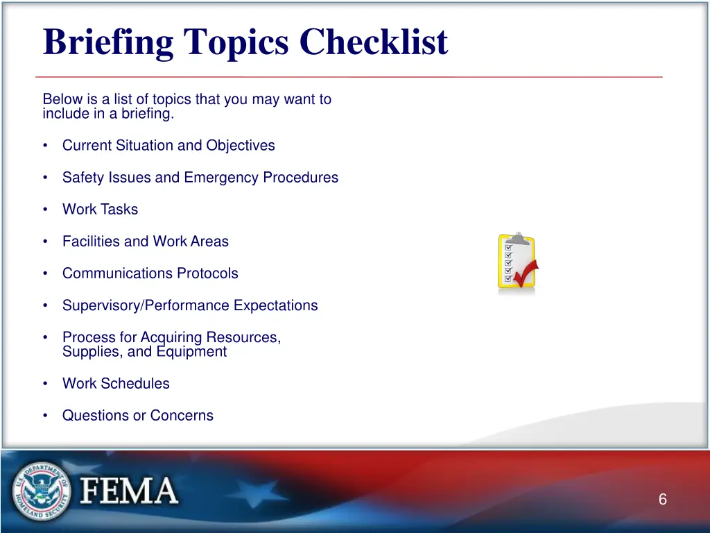 briefing topics checklist