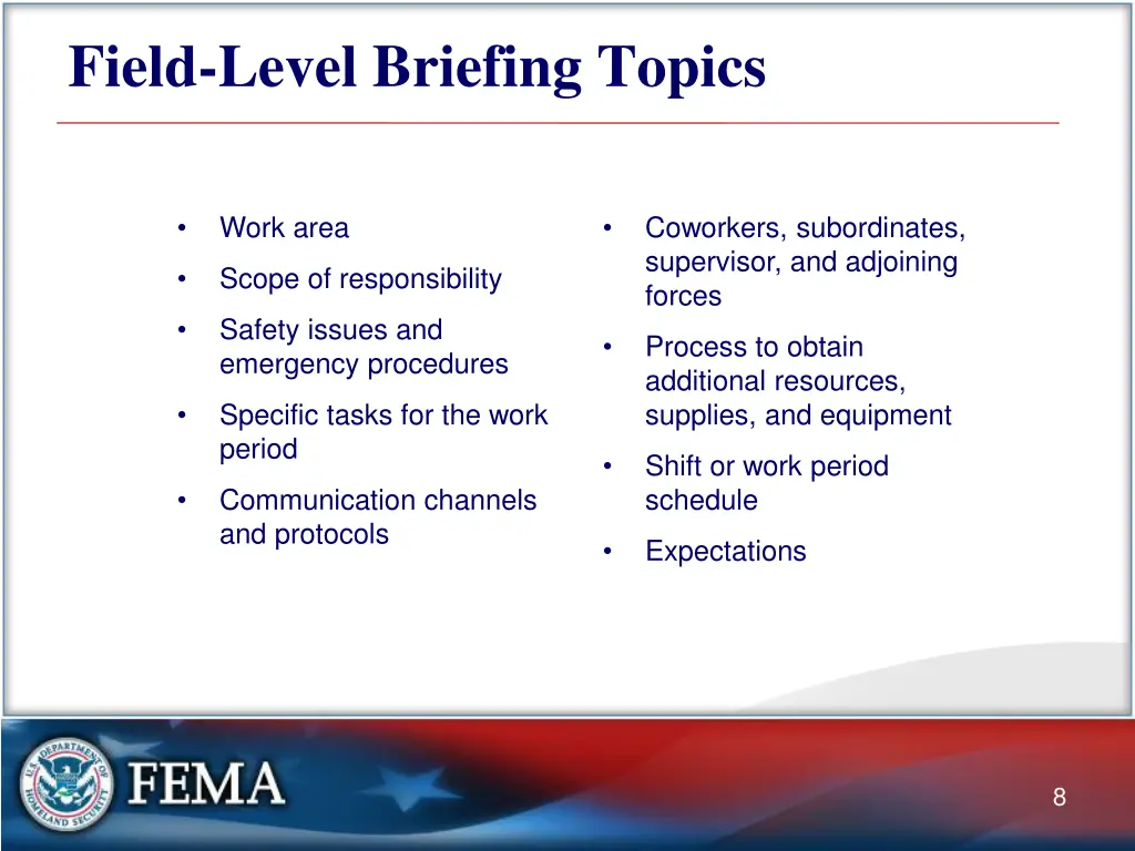 field level briefing topics