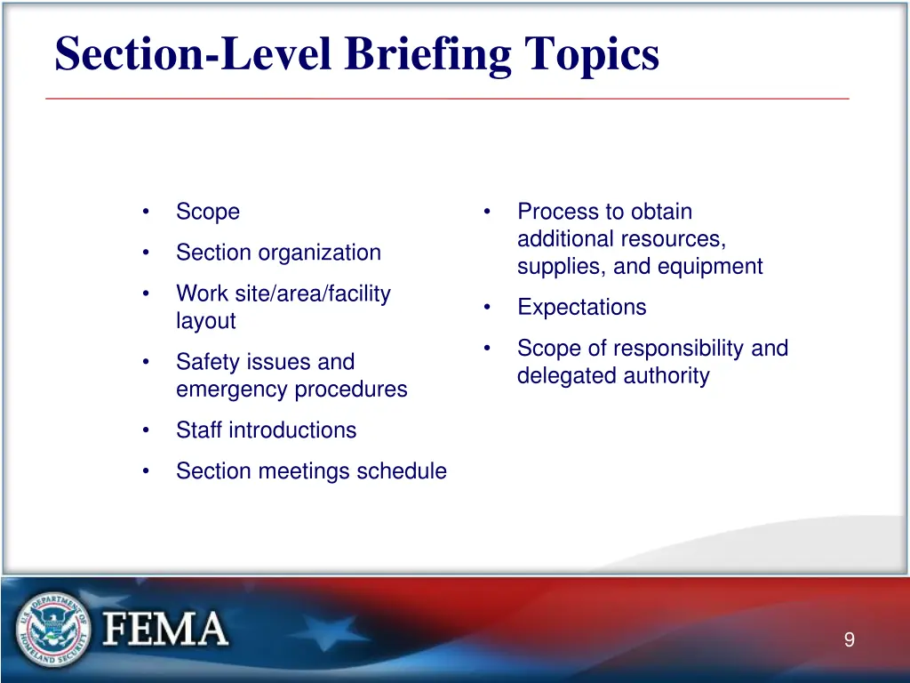 section level briefing topics