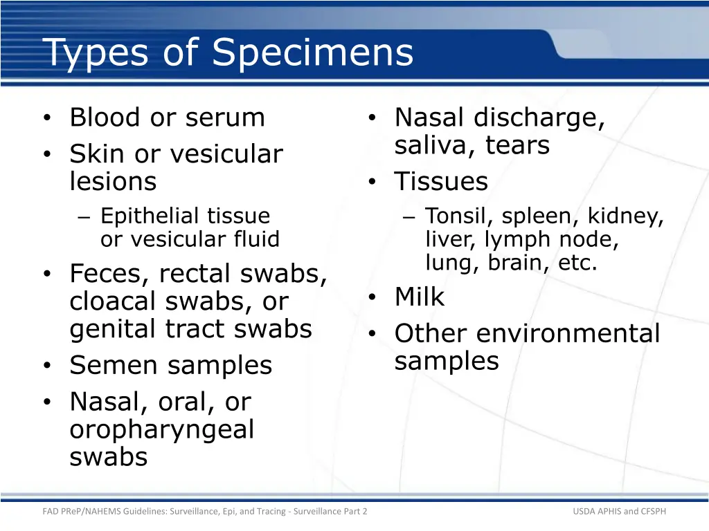 types of specimens