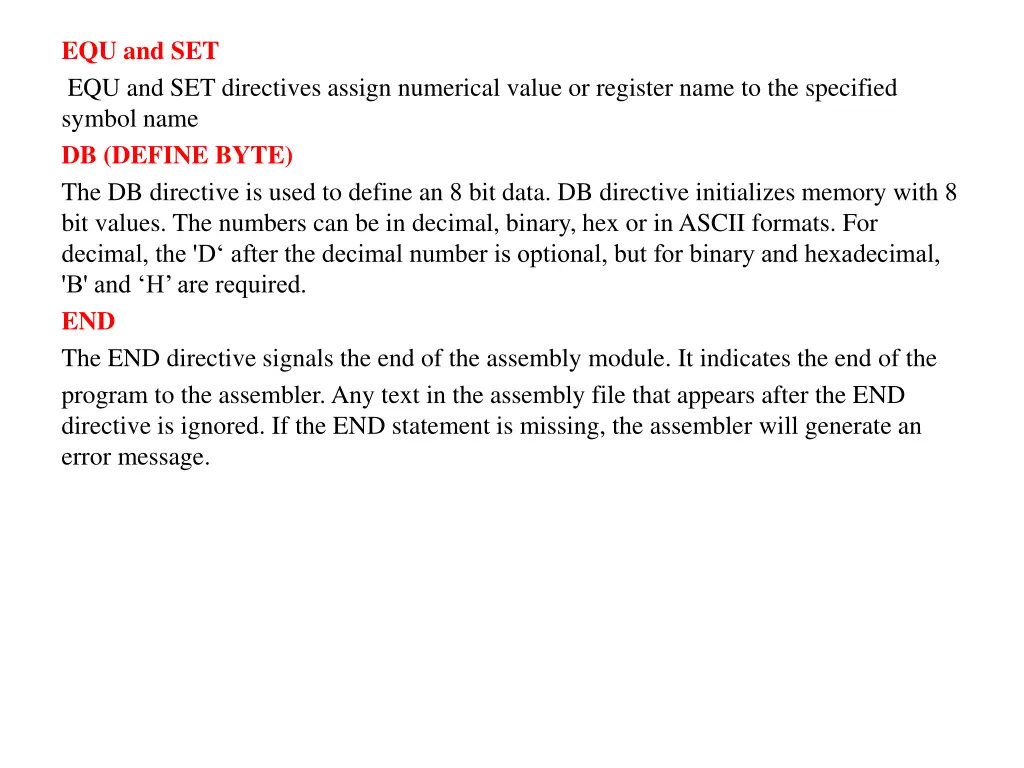 equ and set equ and set directives assign