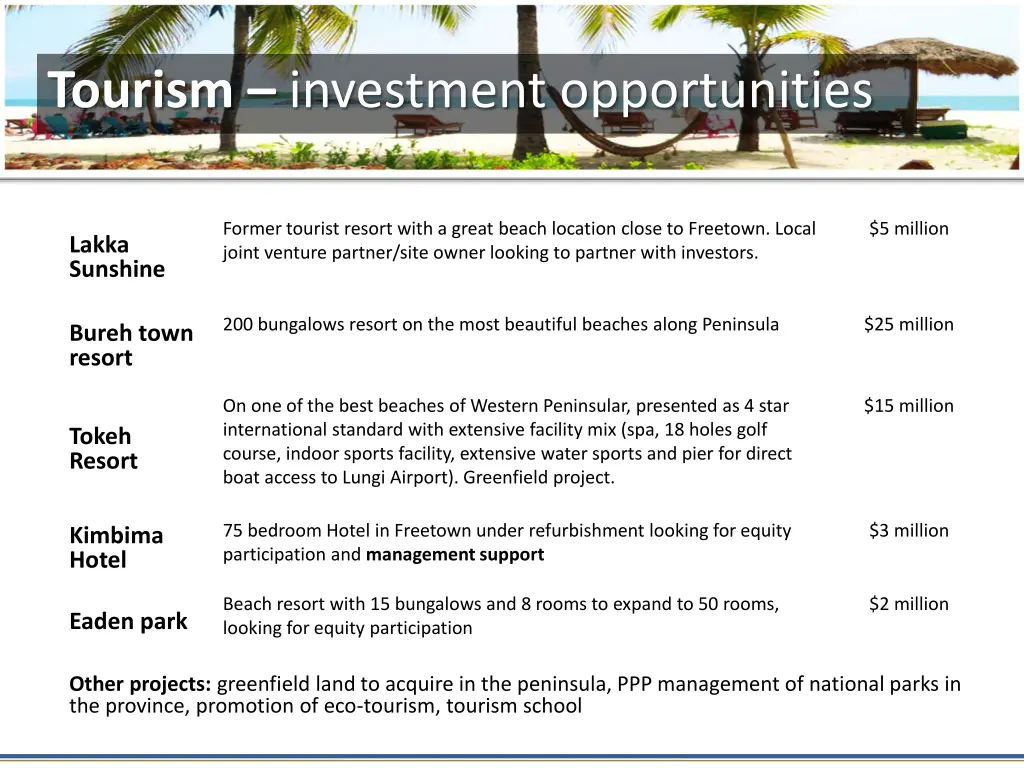 tourism investment opportunities