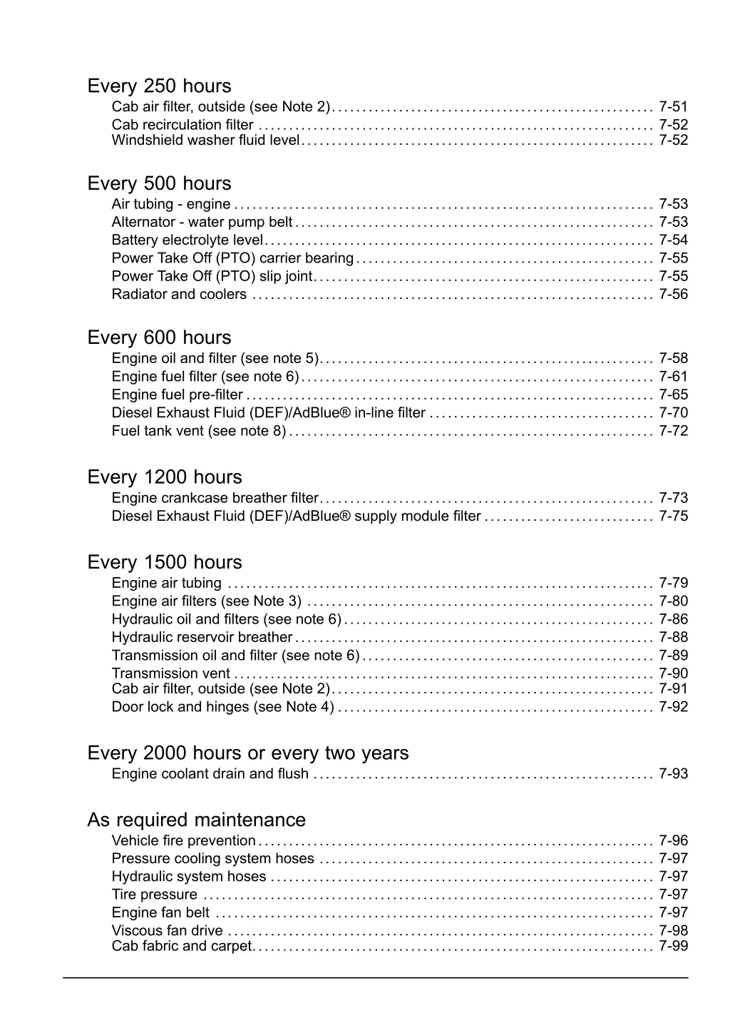 every 250 hours cab air filter outside see note