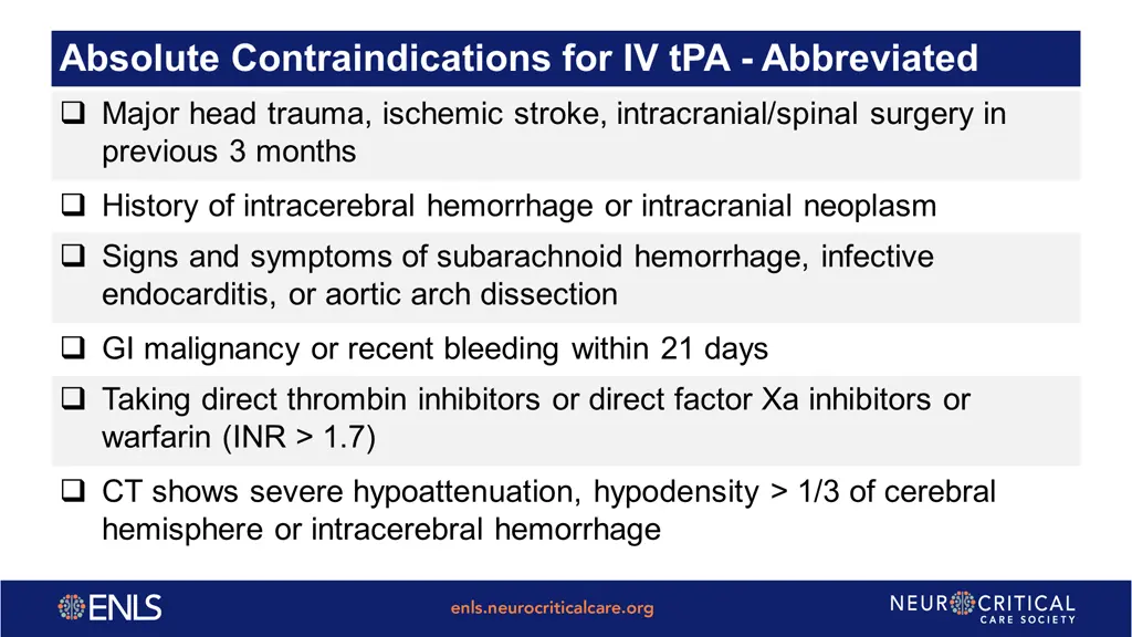 absolute contraindications for iv tpa abbreviated