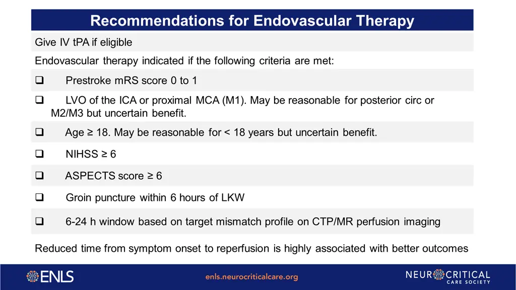 recommendations for endovascular therapy