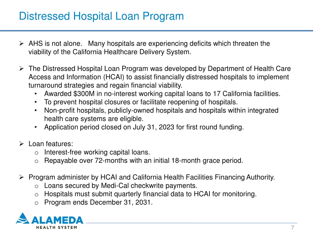 distressed hospital loan program