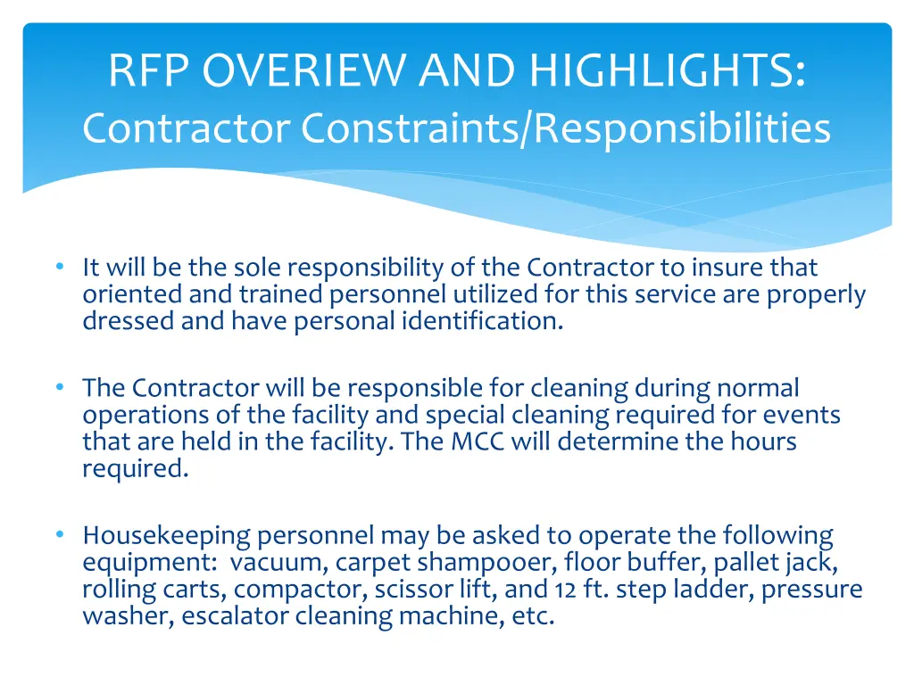 rfp overiew and highlights contractor constraints