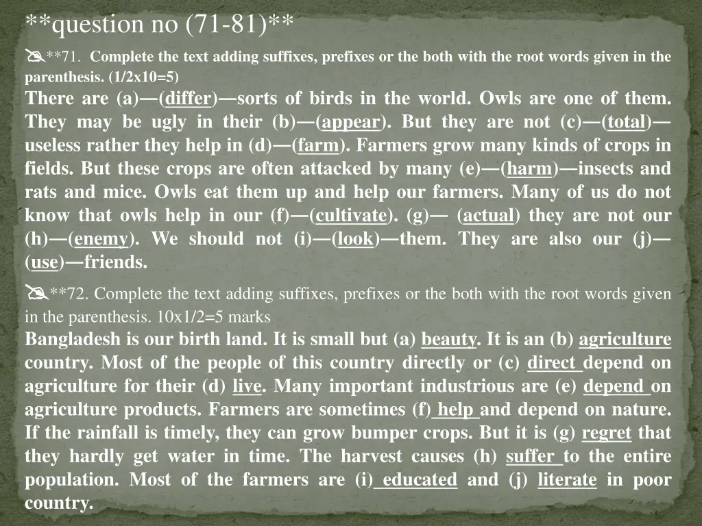 question no 71 81 71 complete the text adding