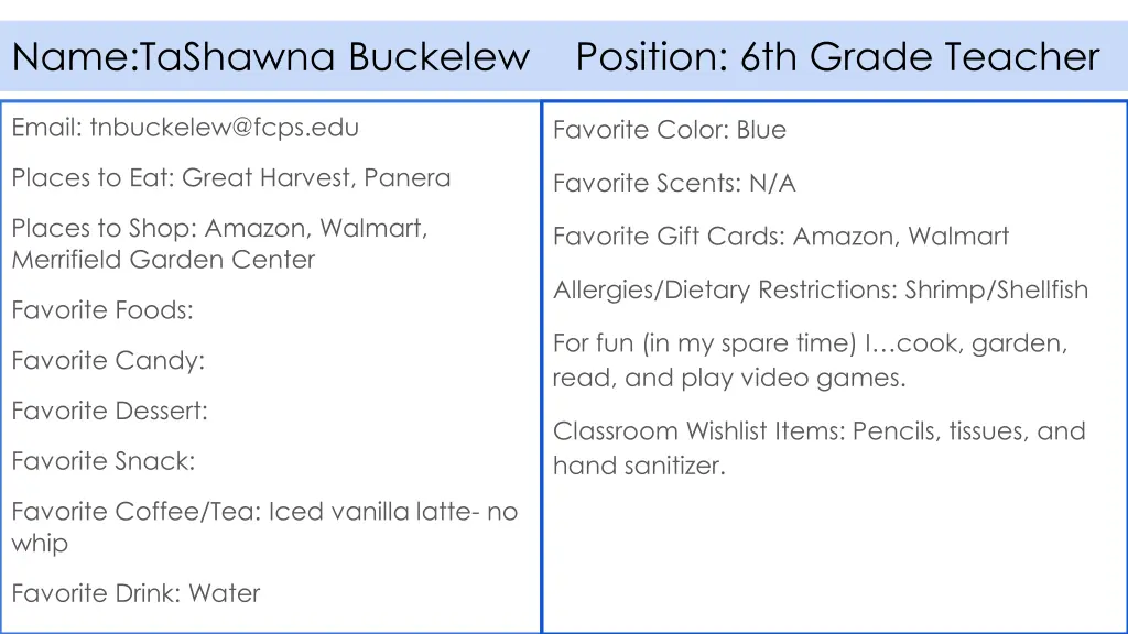 name tashawna buckelew position 6th grade teacher