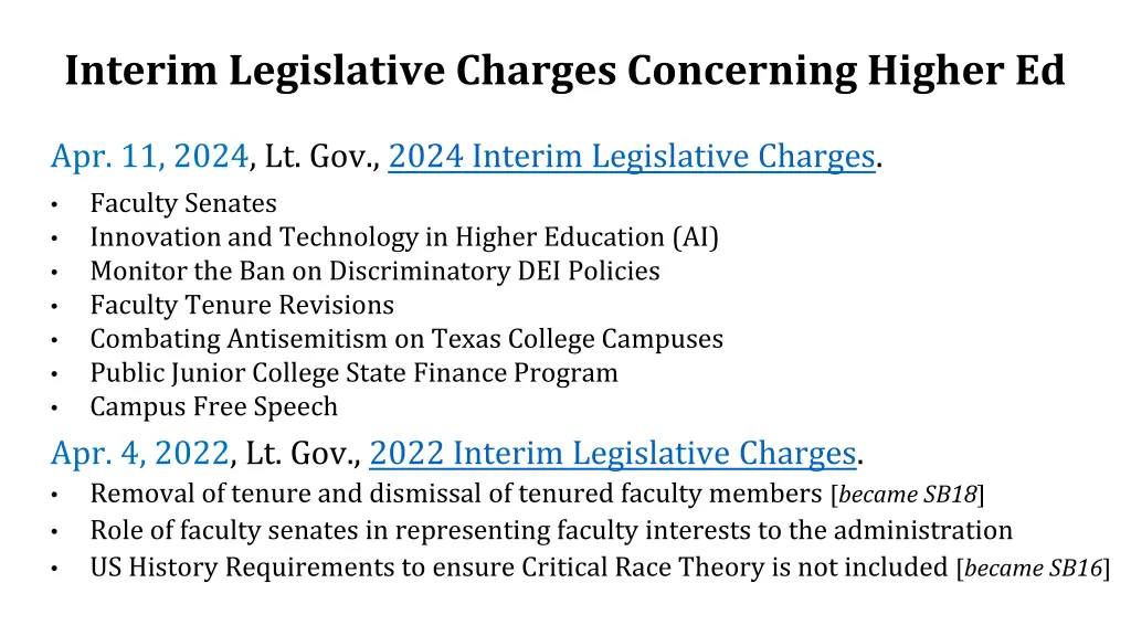 interim legislative charges concerning higher ed