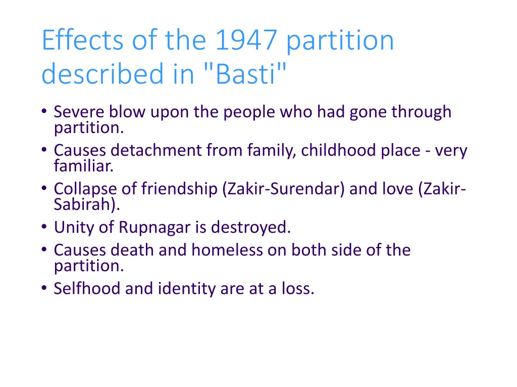 effects of the 1947 partition described in basti