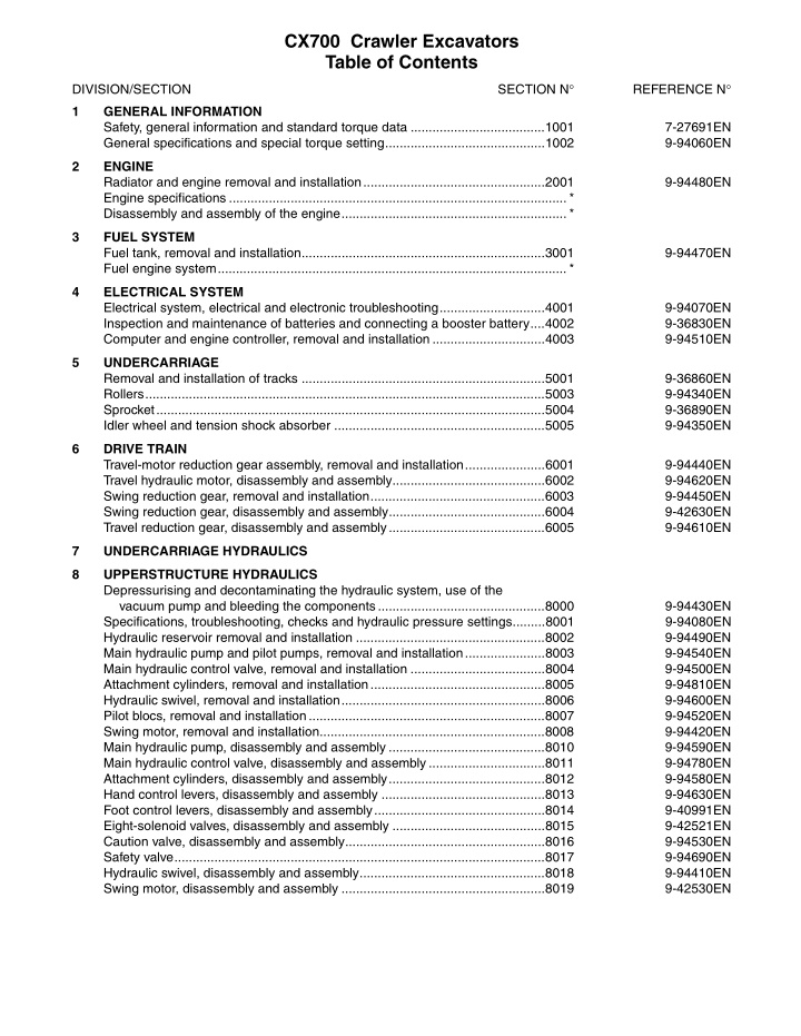 cx700 crawler excavators table of contents