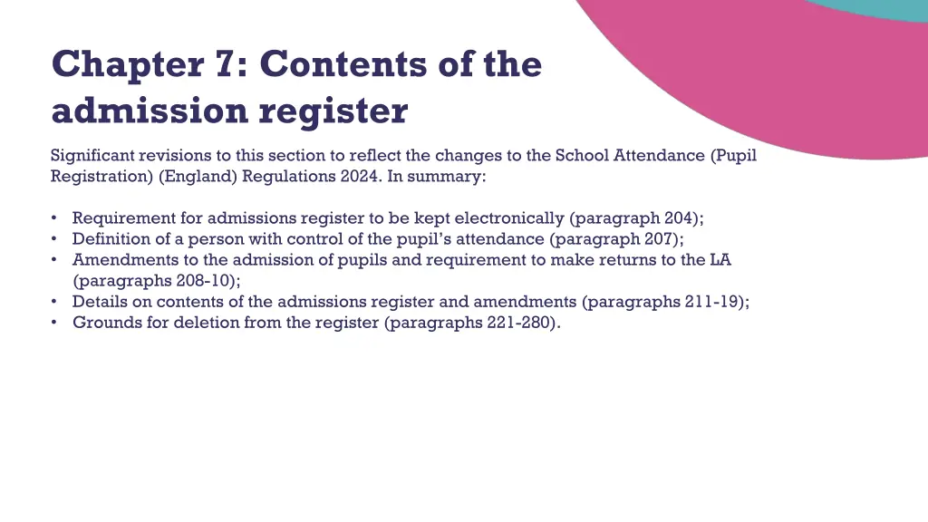 chapter 7 contents of the admission register