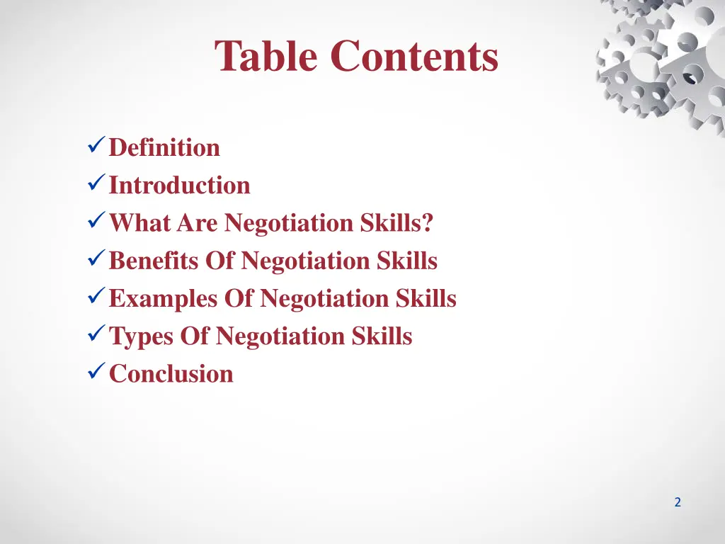 table contents