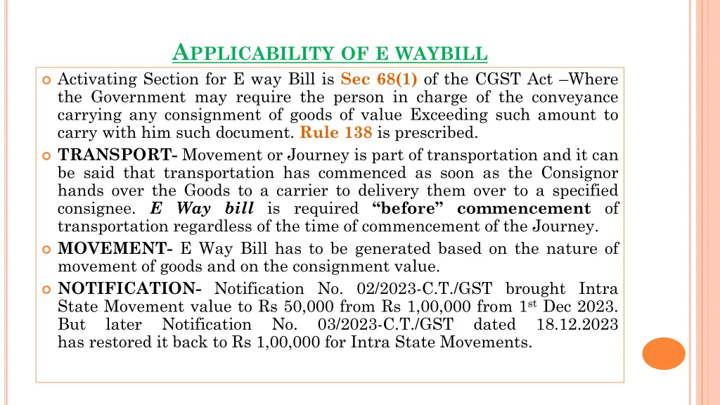 a pplicability of e waybill activating section