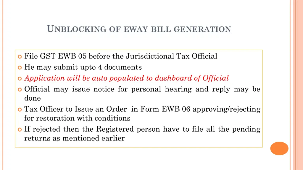 u nblocking of eway bill generation