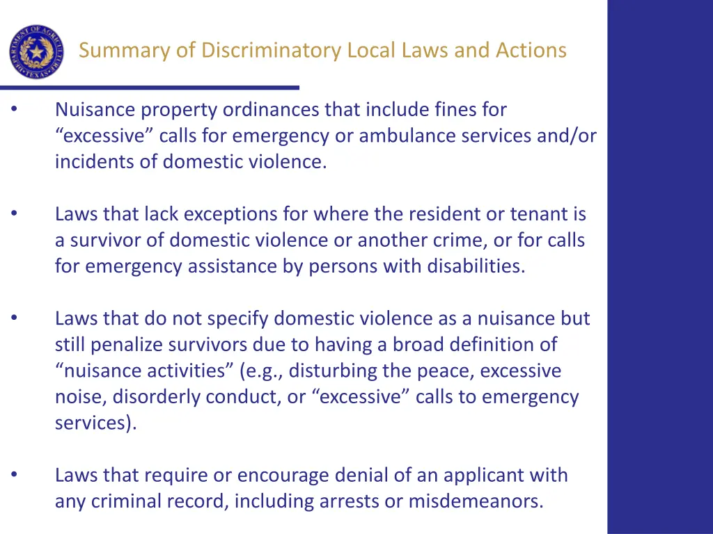 summary of discriminatory local laws and actions