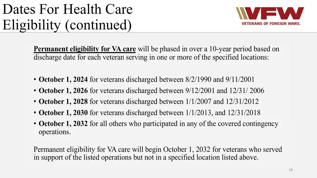 dates for health care eligibility continued