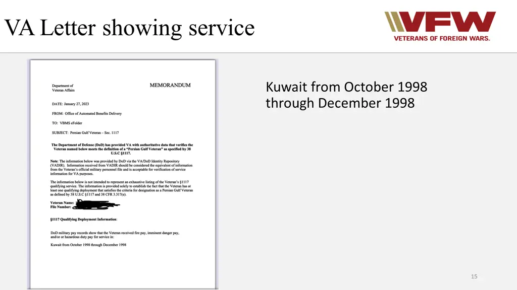 va letter showing service