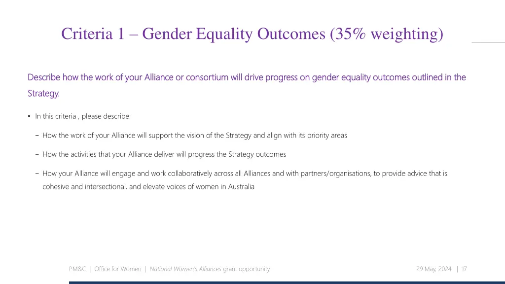 criteria 1 gender equality outcomes 35 weighting