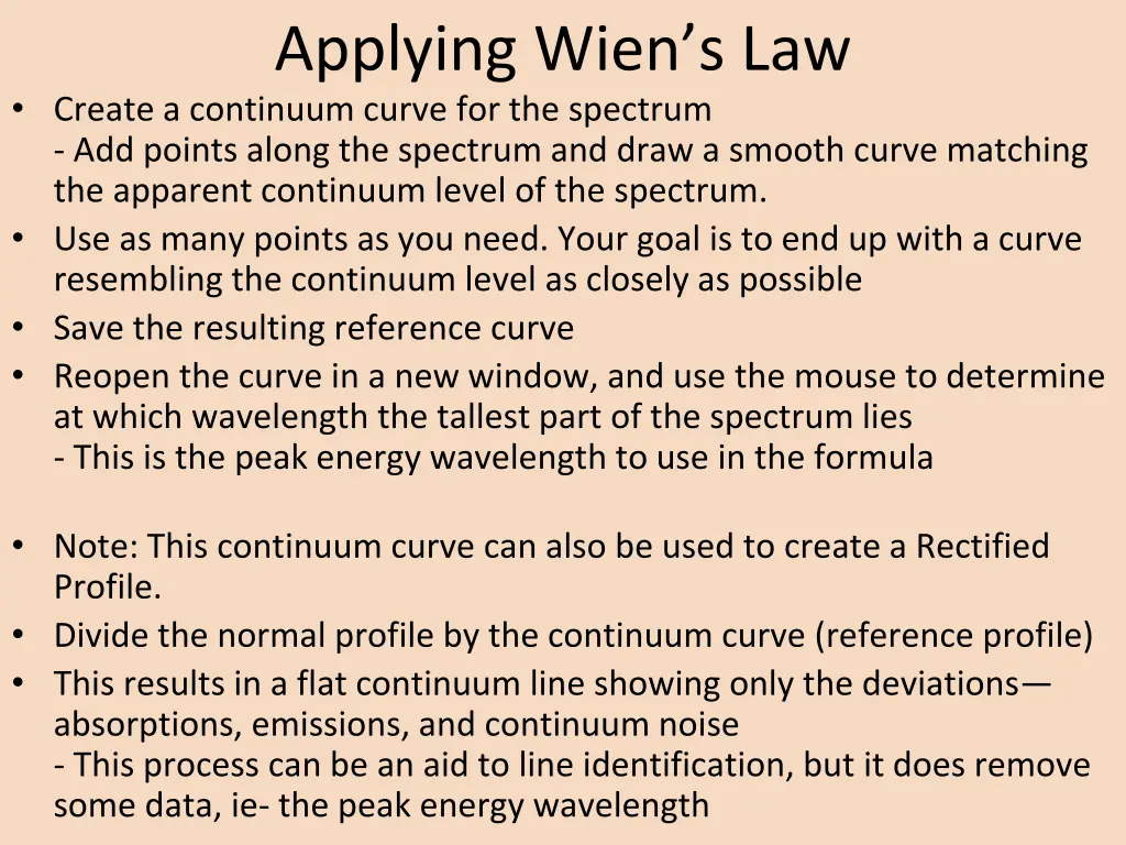 applying wien s law create a continuum curve