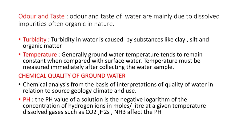 odour and taste odour and taste of water