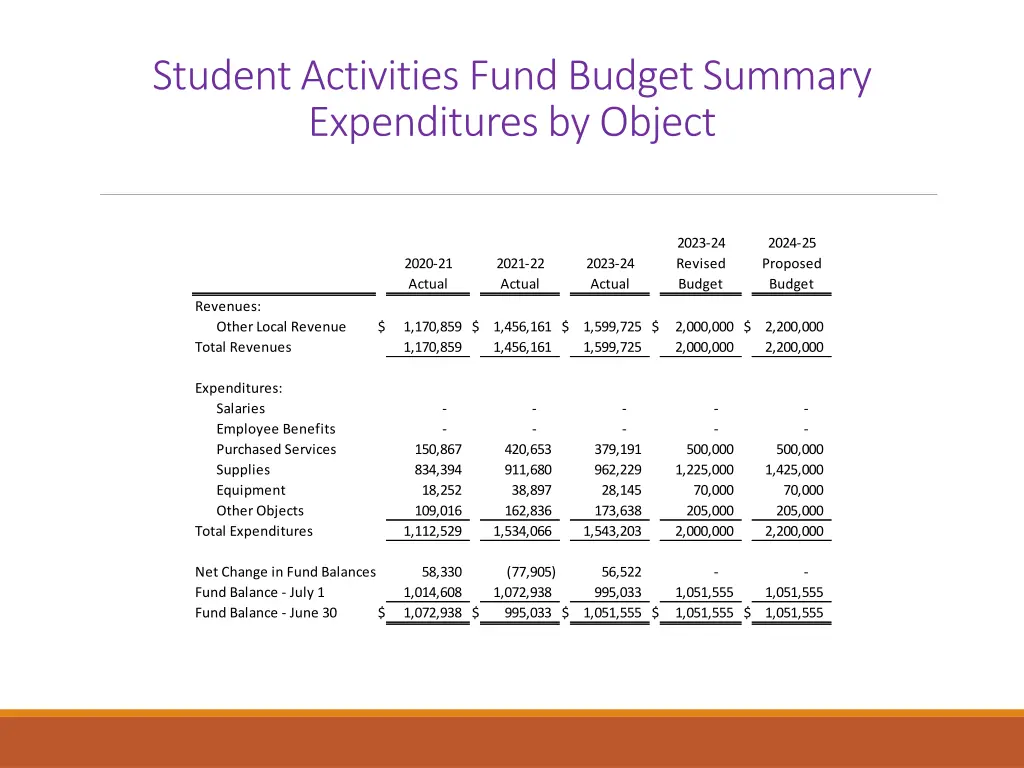 student activities fund budget summary