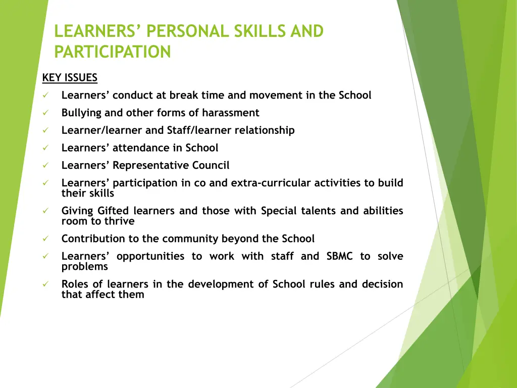 learners personal skills and participation