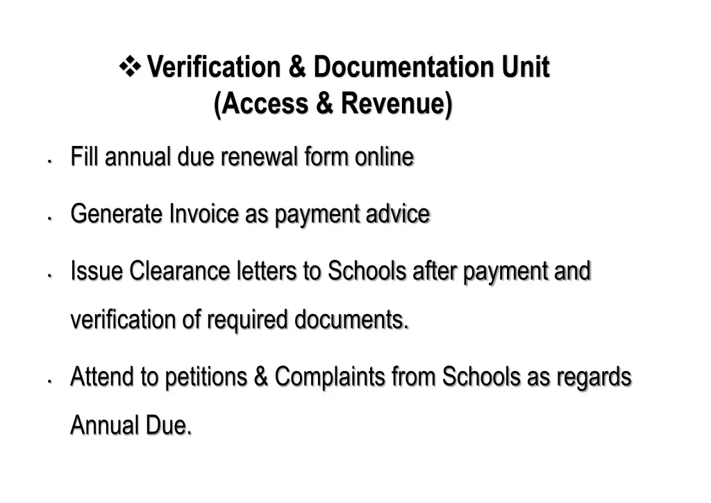 verification documentation unit access revenue