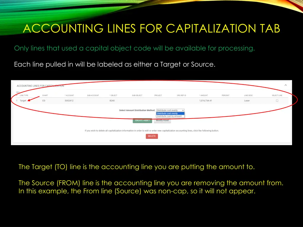 accounting lines for capitalization tab