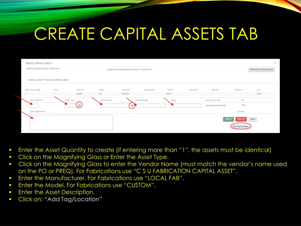 create capital assets tab 1