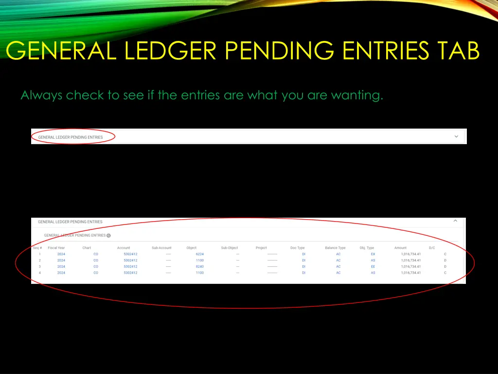 general ledger pending entries tab
