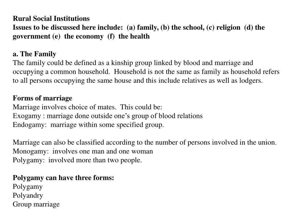 rural social institutions issues to be discussed