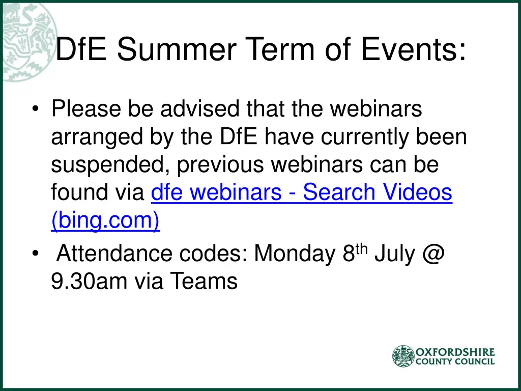 dfe summer term of events