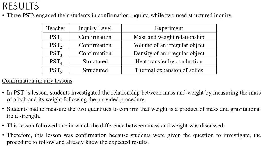 results three psts engaged their students