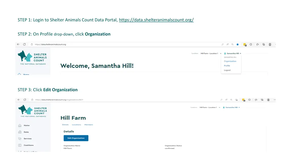 step 1 login to shelter animals count data portal