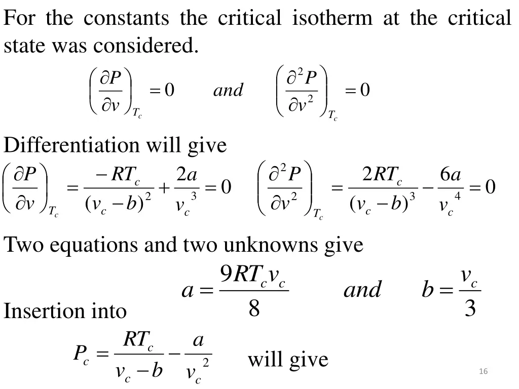 for the constants the critical isotherm