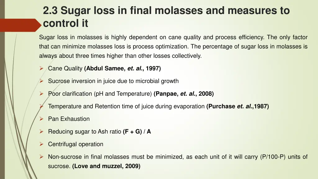 2 3 sugar loss in final molasses and measures