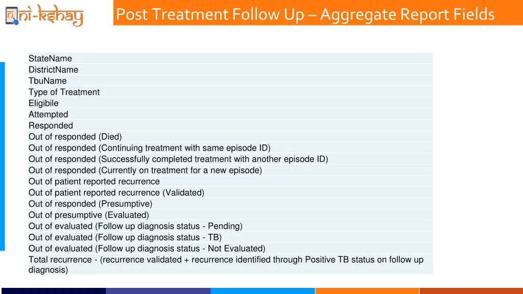 post treatment follow up aggregate report fields